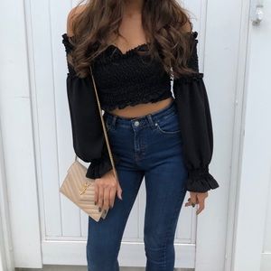 Off the Shoulder long Sleeve Ruffle Crop Top